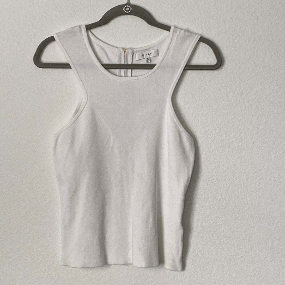 MILLY White Ribbed sleeveless shirt exposed gold zipper on back SIZE S FLawed